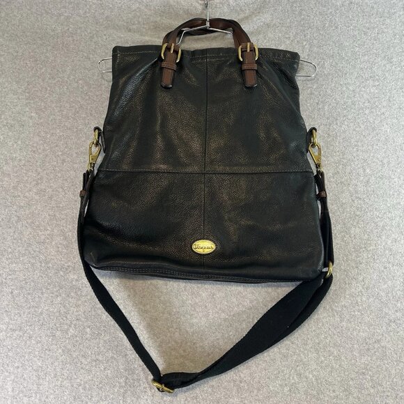 FOSSIL Explorer Leather Tote BLACK Foldover Messenger Bag CROSSBODY